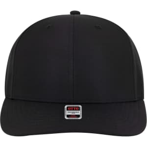 A black 6 panel mid profile style baseball cap with a branded logo on the front.