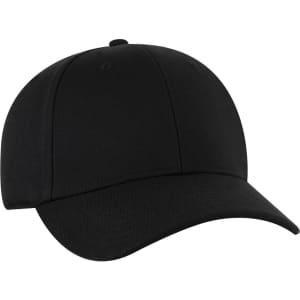 A black 6 panel low profile baseball cap with a curved brim and a logo on the front.