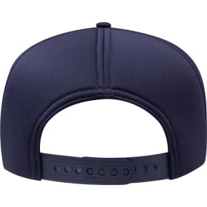 A dark navy blue five-panel high crown full foam cap with an adjustable strap at the back and a logo.