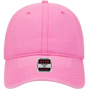 A pink 6-panel low profile dad cap with a logo on the front. It features a relaxed fit for maximum comfort.
