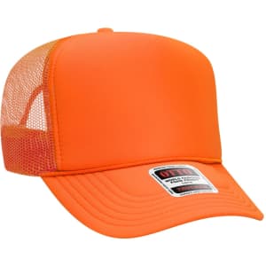 An orange 5 panel high crown trucker cap with a mesh back and a logo on the front.