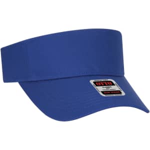 A blue youth sun visor with a wide brim and an attached logo label.