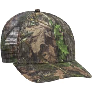 A camo-patterned 6 panel low profile baseball cap featuring a mesh back and rounded brim. It has a logo.