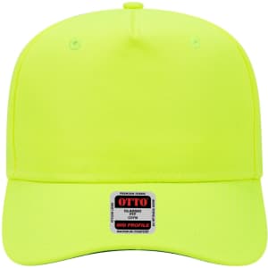 A bright yellow 5 panel mid crown baseball cap with a logo on the front.