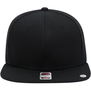 A black 6 panel mid-profile snapback cap with a flat bill and a logo on the front.
