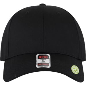 A black six-panel low profile baseball cap featuring a logo and a curved brim.