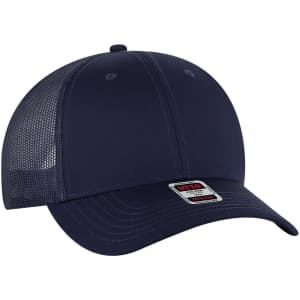 A navy low profile trucker cap featuring a mesh back and an adjustable strap. It includes a logo on the front.