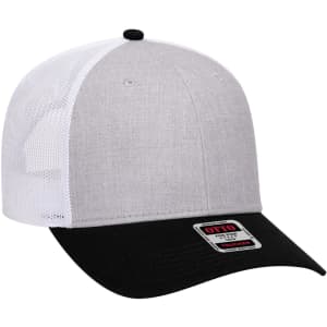 A low profile trucker cap featuring a grey front, black brim, and white mesh back, with a logo on the side.