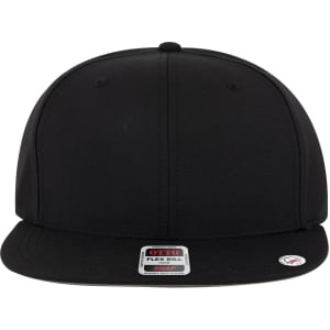 A black six-panel mid-profile snapback cap with a flat brim, featuring a logo on the side.