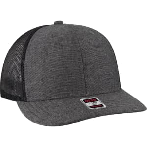 A grey 6 panel mid profile trucker cap with a black mesh back and a branded patch on the front.
