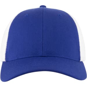 A blue and white Flex Fit 6 Panel Low Profile Trucker Cap with a structured design and a curved brim.
