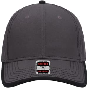 A grey low-profile baseball cap featuring a branding label and a curved peak.