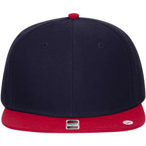 A snapback cap featuring a navy crown and a red visor, with a logo on the side.