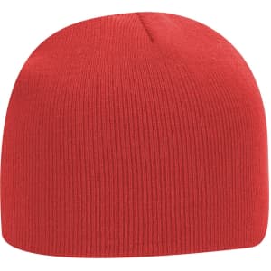 A red classic knit beanie with a ribbed texture and no visible logos or branding.
