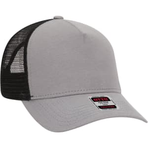 A grey 5 panel mid profile trucker cap with a black mesh back and a logo on the front.