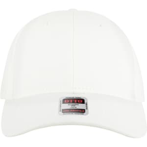 A white six-panel low profile baseball cap with a logo on the front and ventilation eyelets.