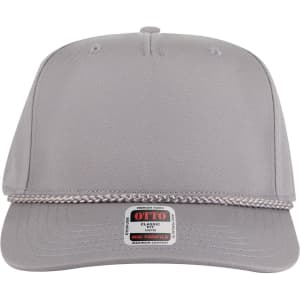 A grey 5 panel mid profile baseball cap with a braided accent and a logo label at the front.