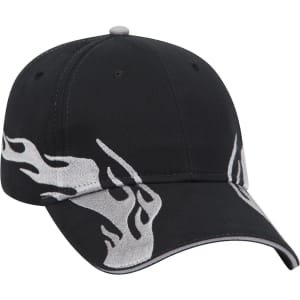 A black low profile baseball cap featuring flame designs and a logo. Perfect for casual wear.