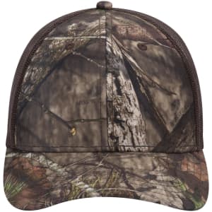 A camo-patterned six-panel low profile baseball cap in shades of brown and green with a mesh back.