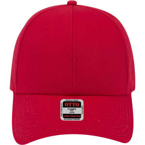 A red six-panel low profile baseball cap featuring a small logo on the front.