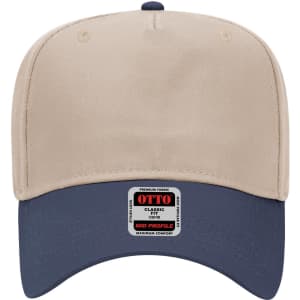 A beige mid-crown baseball cap with a navy visor and a logo on the front.