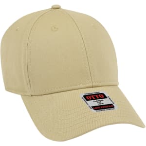 A beige low profile baseball cap with a curved brim and a logo on the side.