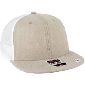 A beige and white 6 panel mid-profile trucker cap with a mesh back and a brand logo.