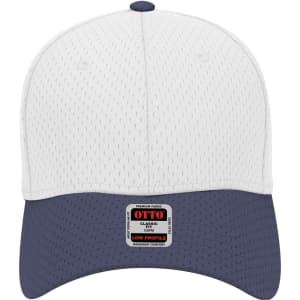 A white and navy blue low profile baseball cap with a logo on the front.