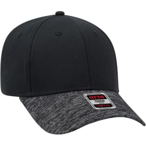 A black baseball cap with a grey marled peak and a logo tag on the front.