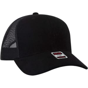 A black 6 panel mid-profile trucker cap with a mesh back and an attached logo.