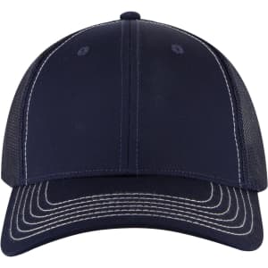 A navy blue 6-panel low profile trucker cap with contrasting stitching and mesh side panels.