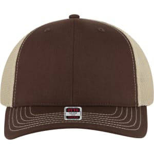 A brown and beige 6 panel mid profile trucker cap with a logo on the front.