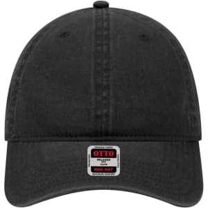 A black six-panel low profile dad cap with a branded tag on the front.