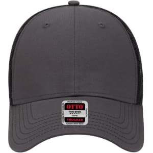 A 6-panel low profile trucker cap in dark grey, featuring a mesh back and a logo on the front panel.