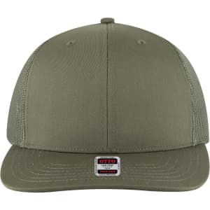 A 6 panel mid-profile trucker cap in olive green with a logo on the front.