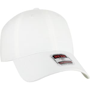 A white 6 panel low profile style baseball cap featuring a logo and a stitched brim.