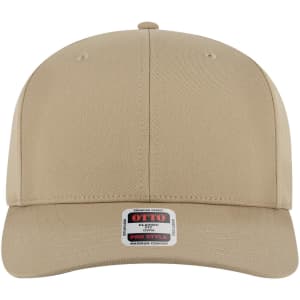 A tan 6 panel pro style snapback hat featuring a solid design and a logo on the front.