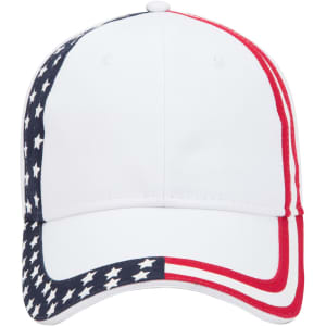 A 6-panel low profile baseball cap in white, featuring a red and blue star design with a logo on the front.