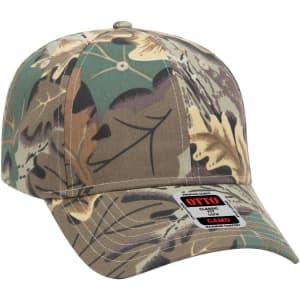 A camo low profile baseball cap featuring a green and brown camouflage pattern and a branded logo.