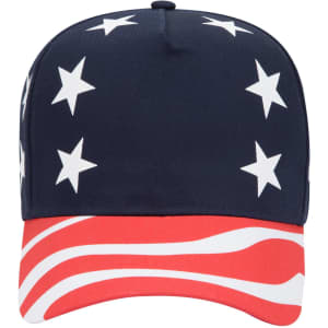 A navy blue baseball cap featuring white stars and a red striped pattern on the brim. It has a logo on the side.