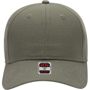 A low-profile baseball cap in a muted olive green shade with a logo on the front.