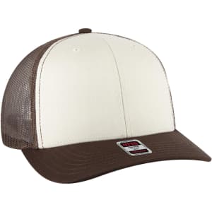 A mid-profile trucker cap featuring a cream front panel and brown mesh sides and brim, with a logo on the front.