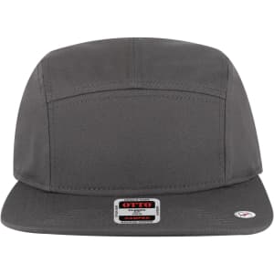 A grey 5-panel camper hat with a flat brim and a logo on the front.