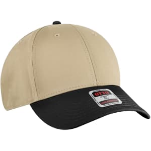 A beige and black 6 panel low profile baseball cap with a branded label on the front.