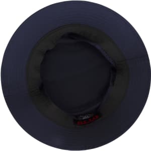 A navy blue bucket hat with a wide brim and a black interior, featuring a logo inside.