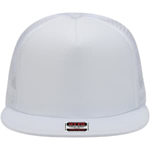 A white 5-panel high crown trucker cap with mesh sides and a branded label on the front.