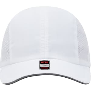 A white six-panel running cap featuring a mesh design and a logo on the front.