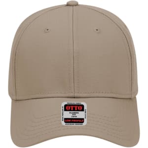 A low profile baseball cap in beige with a branded label on the front.