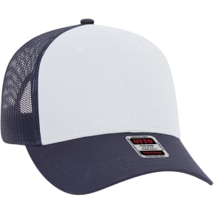 A white and navy 6-panel low profile trucker cap with a mesh back and a logo on the front.