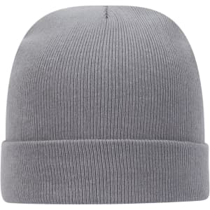 A grey classic knit beanie with a folded brim and a smooth ribbed texture. It has a logo on the side.